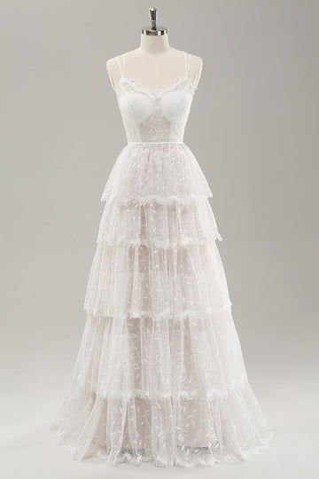 Vit A Line Spaghetti Straps Tiered Lace Bröllopsklänning med Snörning Upp Tillbaka